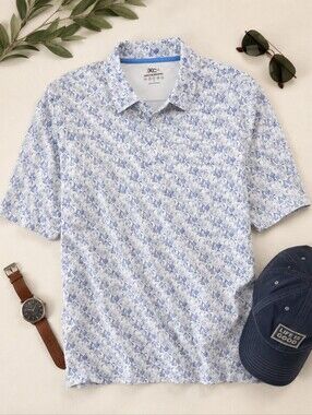 Johnson & Murphy XC4 blue White 1/4 Button Poly Span Golf Polo Shirt. Mens XL